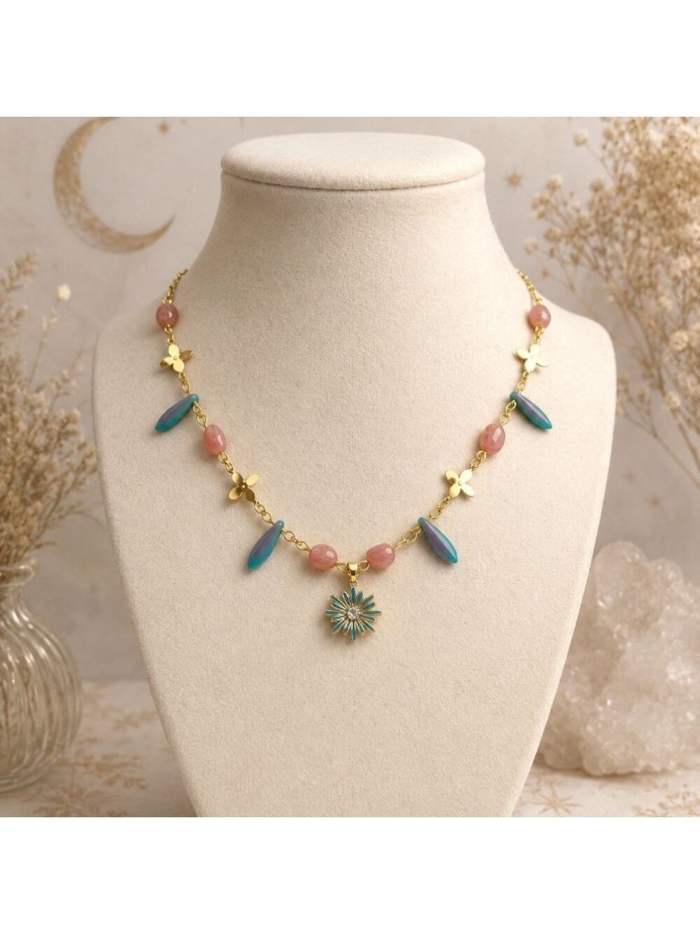 Pastel Flower Necklace Floral Charm Necklace Blue Enamel Flower Necklace Boho